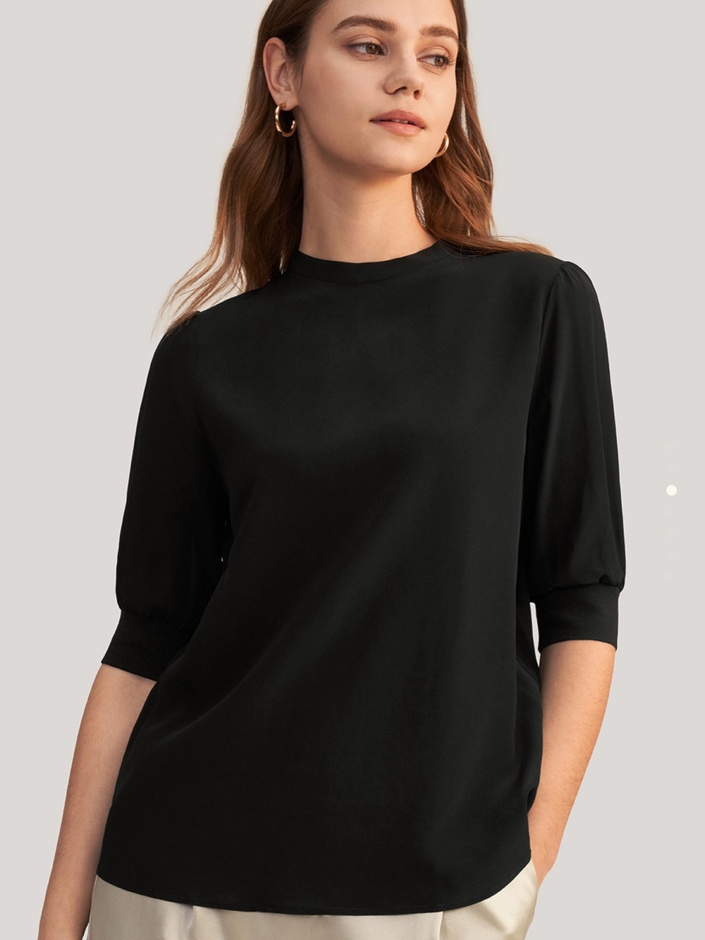 Elegant Casual Silk Tee With Rib Cuff